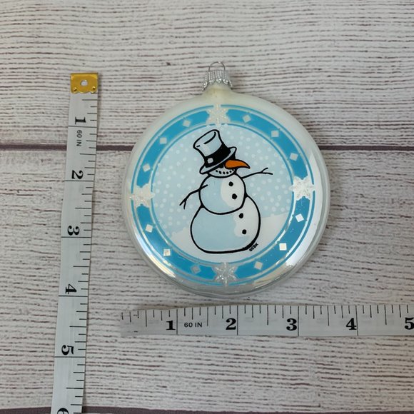 Glass Snowman Christmas Ornament Round Flat White Blue Holiday Tree Decor 4 1/4" - Picture 5 of 5